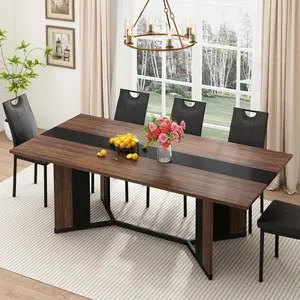 7-Piece Dining Table Set for 4 6 8 10 People, Large Long Wooden Kitchen Table with 6 Cushion Chairs W/Waterproof Tabletop, Farmhouse Rectangular Dinner Table for Dining Room,Kitchen,Easy Clean