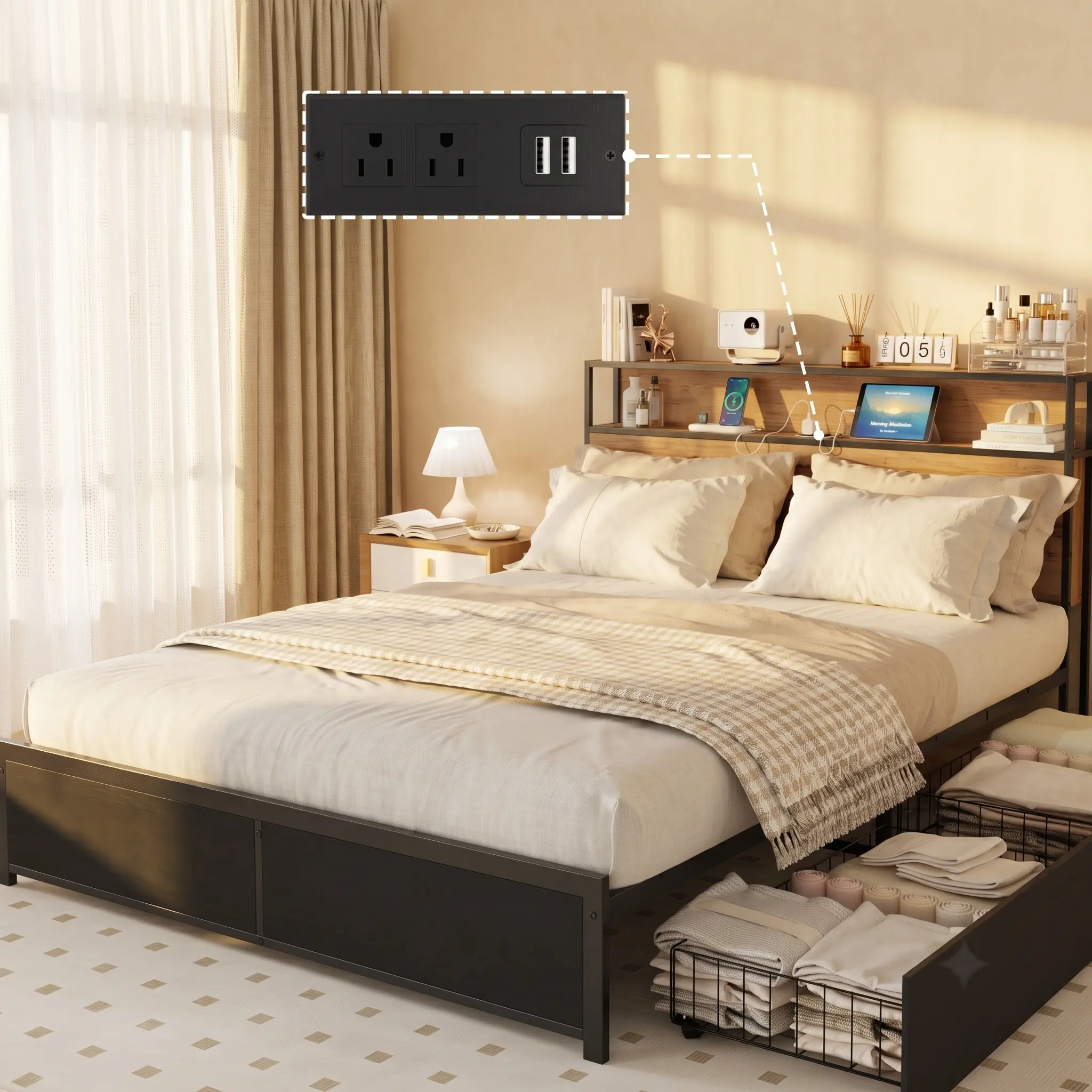 Modern Platform Bed Frame with LED Bookcase Headboard & Charging Station, 4 Storage Drawers, Wood & Metal Support, No Box Spring Needed, Easy Assembly for Apartment Bedroom Furniture  king size bed frame set
