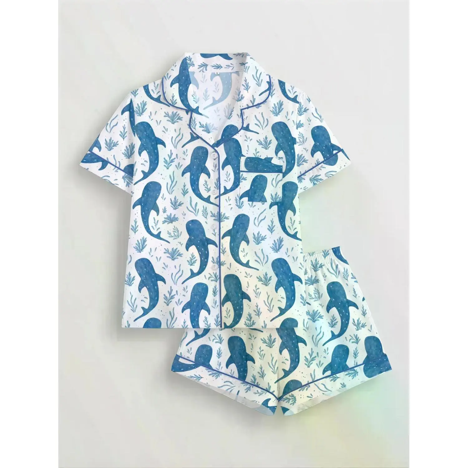 Women's Oceanic Shark & Plant Print Sleepwear Set, Short Sleeve Button-Up Top & Elastic Waist Shorts, All-Season Casual Pajama & Loungewear Ensemble