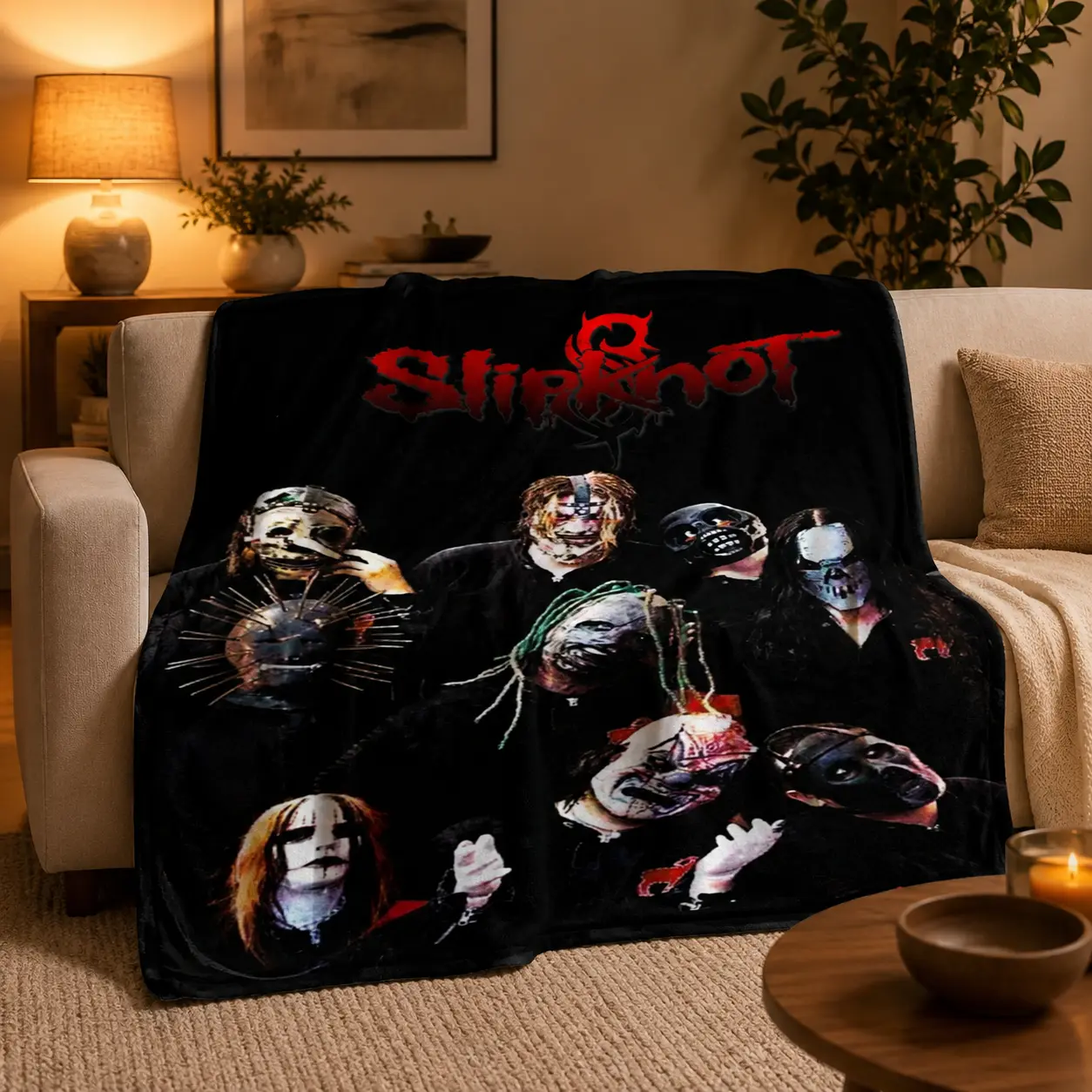 Slipknot Band Member Character Graphic Fleece Throw Blanket Heavy Metal Rock Music Print Super Soft Lightweight Polyester Plush Travel Bedding Blanket for Sofa Bed Camping Office Naps Birthday Gift