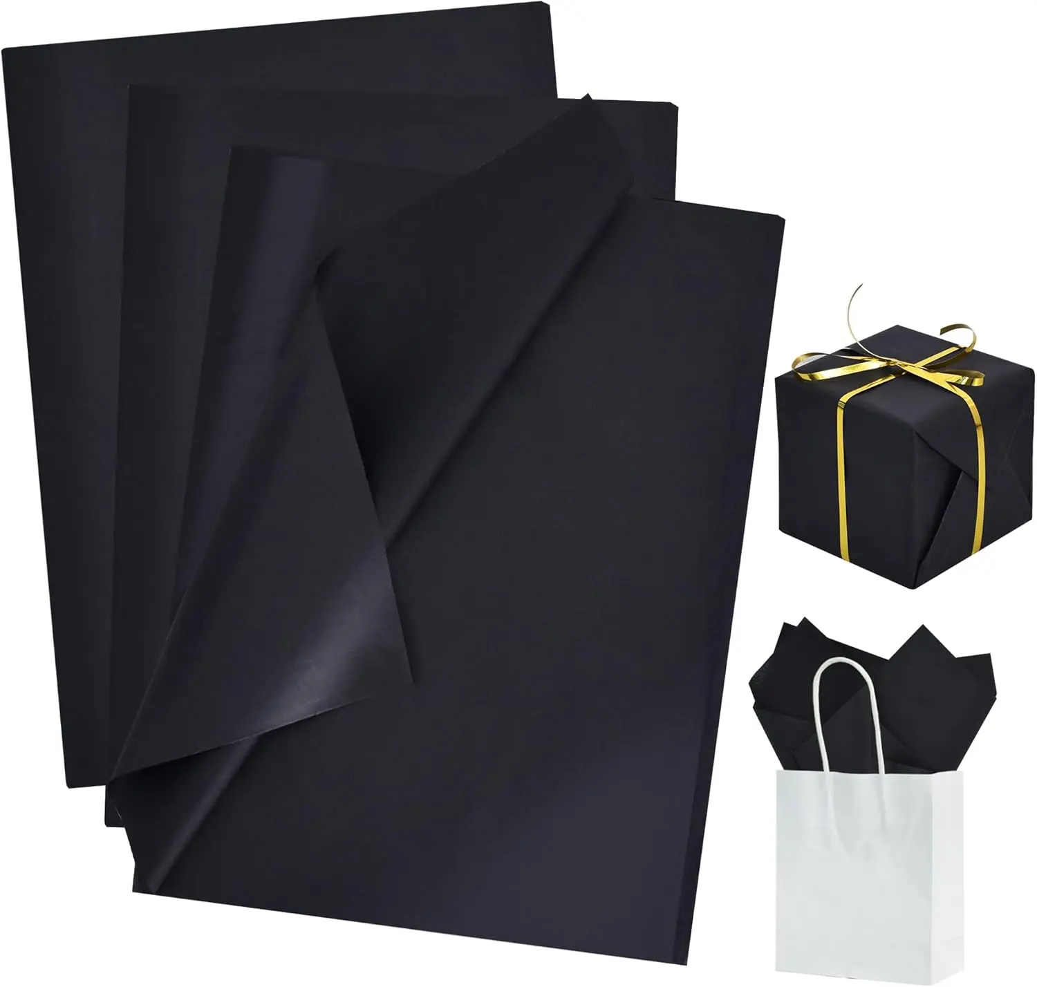 High-Quality Black Tissue Paper Bulk - 100 Large Smooth Surface Sheets (14x20 in), Office Stationery Perfect Gift Wrap for Boxes, Baskets, DIY Crafts, Saves Hassle of Cutting, Available in Many Colors