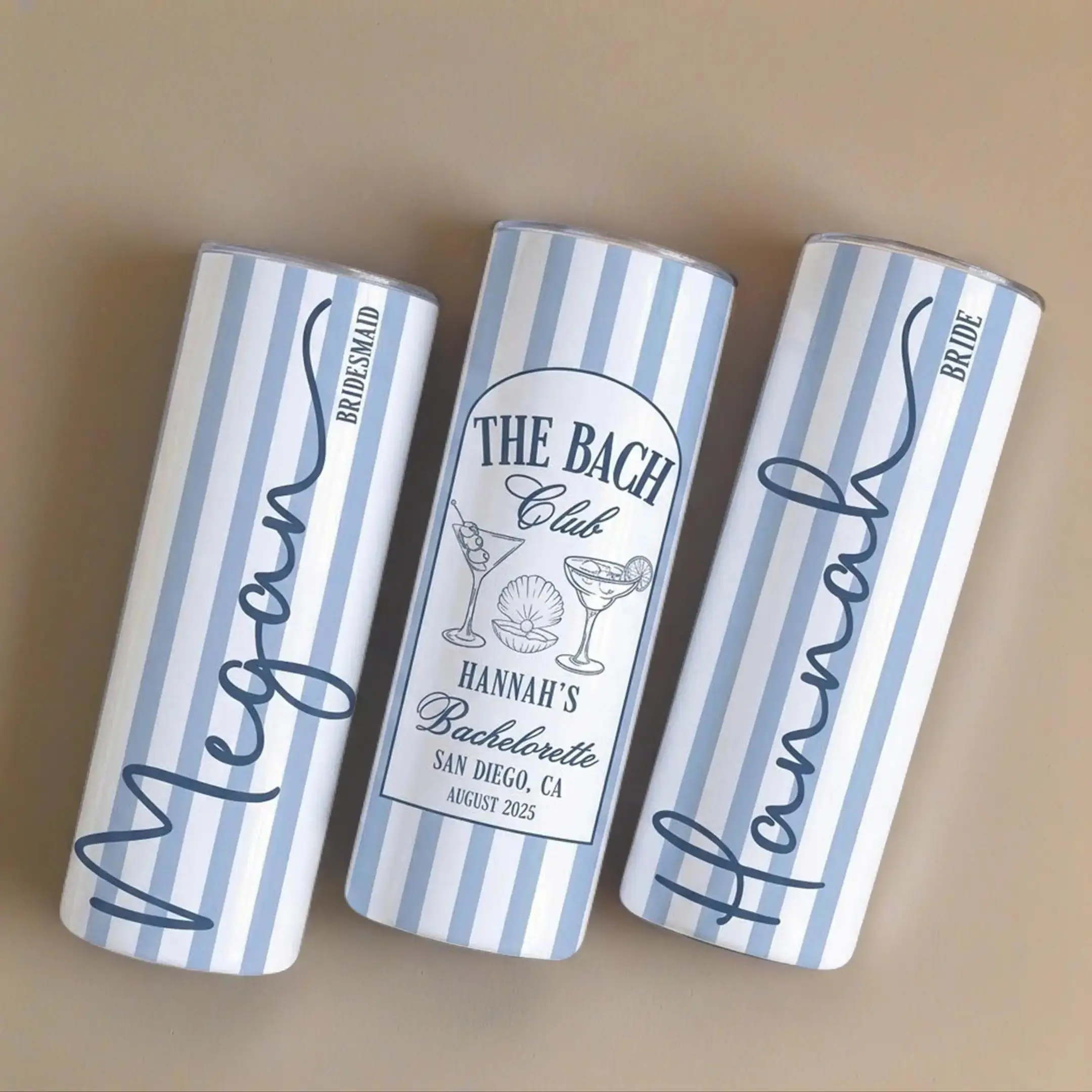 BojjiCo 20oz Double Wall Insulated Stainless Steel Skinny Tumbler Bottle - Custom-Printed Striped Light Blue & White Preppy Nautical Flask, Portable Bridesmaid Proposal Favors, Bottles