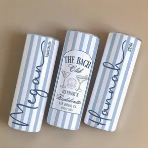 BojjiCo Insulated Stainless Steel Stylish Portable Skinny Tumbler, Personalized Plastic Coastal Bachelorette Drinkware - Light Blue and White Striped, Preppy Nautical Aesthetic, Custom Gifts for Bridesmaids Bridal Party Favors