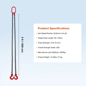 VEVOR Chain Sling, 5/16 inchx 5 ft Lifting Chains with Hooks, G80 Engine Chain Hoist Lifts, 6600 lbs/3 Ton Capacity Lifting Sling Chains for Engine Hoist, Engine Lift Chain with 2 Leg Grab Hooks