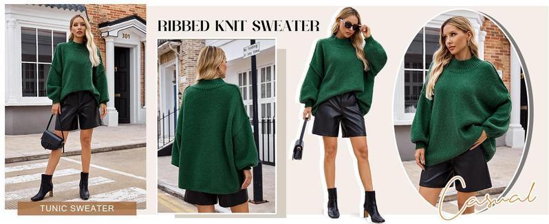Imily Bela【Oversized】Womens Sweaters Mock Neck Batwing Long Sleeve Fall Trendy Ribbed Knit Casual Tunic Sweater