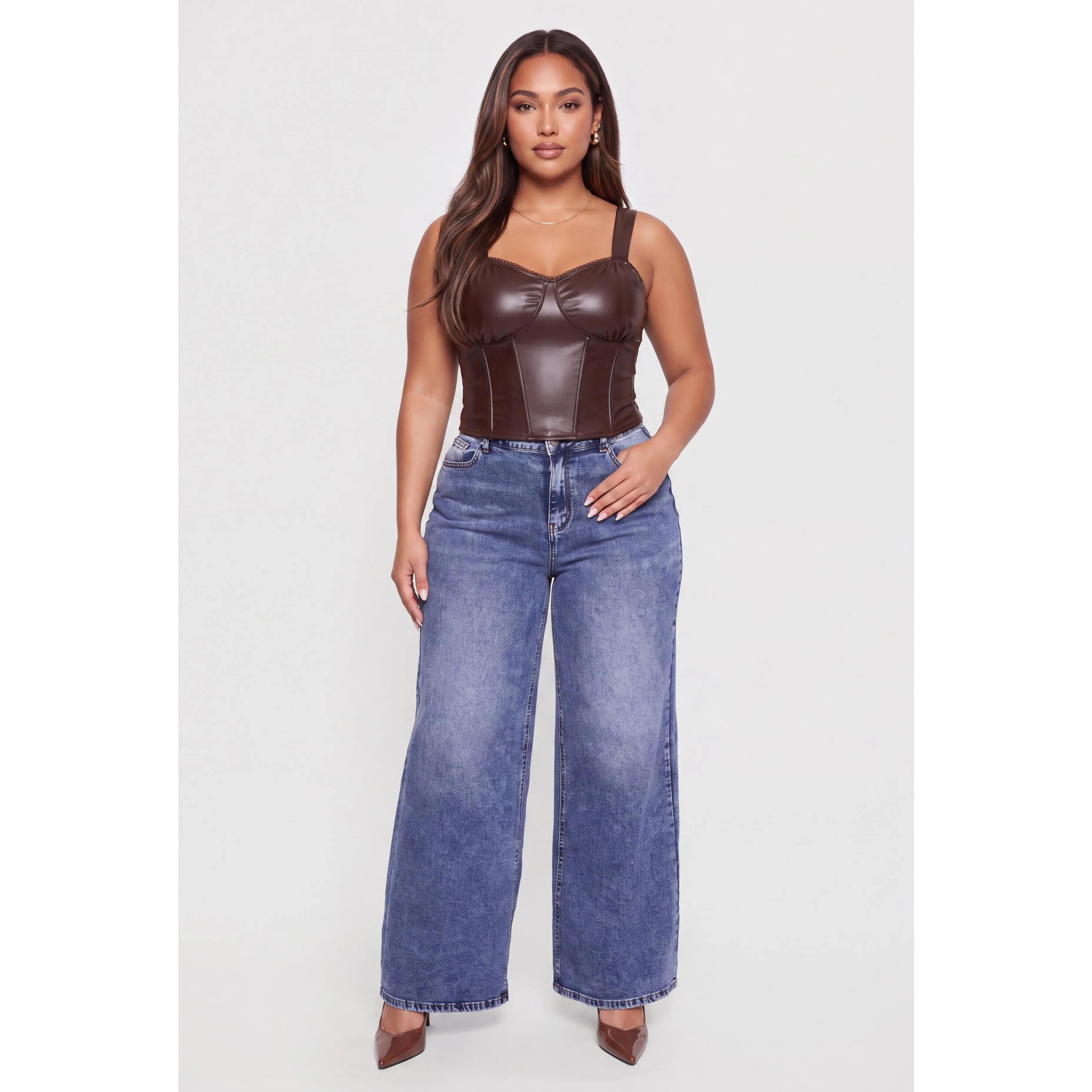 Plus Size Faux Leather Crochet Trim Corset Bustier Top