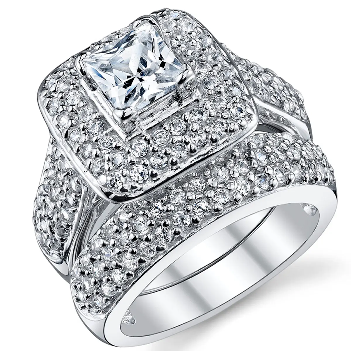 Women's 1Ct. Sterling Silver 925 Princess-cut Double Halo Cubic Zirconia Wedding Engagement Ring Set
