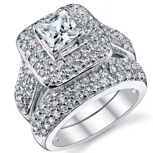 Women's 1Ct. Sterling Silver 925 Princess-cut Double Halo Cubic Zirconia Wedding Engagement Ring Set