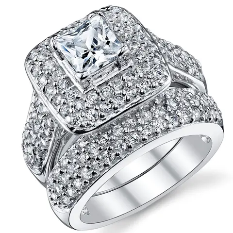 Women's Metal Masters Co. 1ct Bold Center Princess-Cut Double Halo Pave Set Cubic Zirconia Bridal Set - 925 Solid Silver White Gold Plating CZ Engagement Bands, Female Anniversary Wedding Jewelry with Jewelry Box
