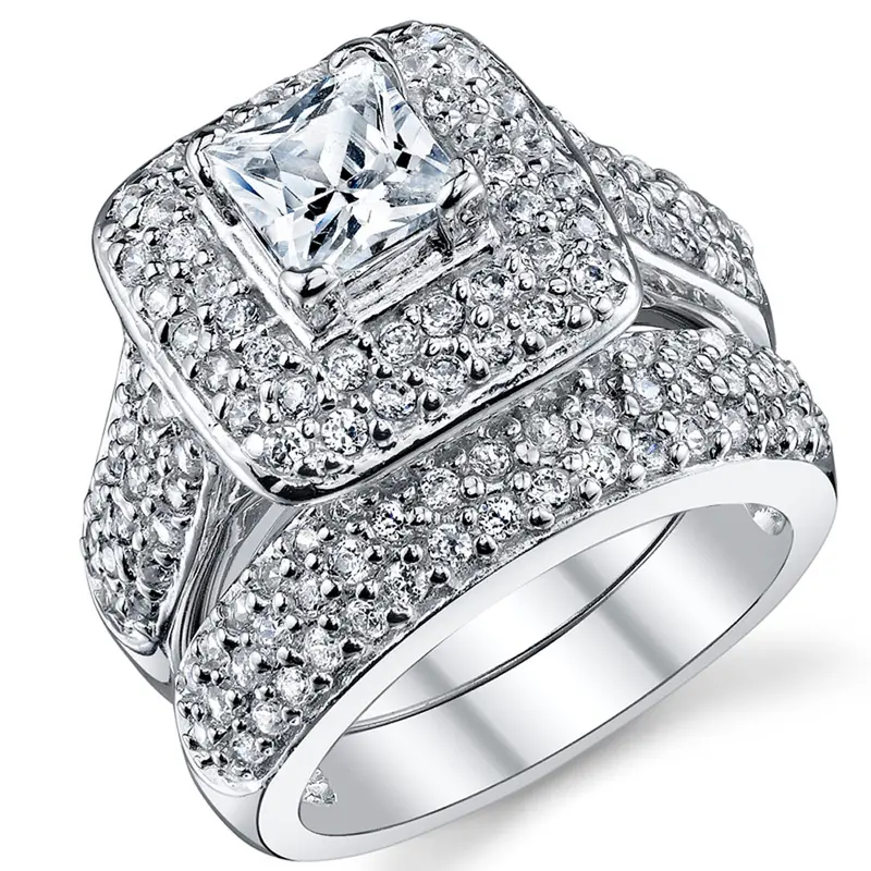 Women's Metal Masters Co. 1ct Bold Center Princess-Cut Double Halo Pave Set Cubic Zirconia Bridal Set - 925 Solid Silver White Gold Plating CZ Engagement Bands, Female Anniversary Wedding Jewelry with Jewelry Box