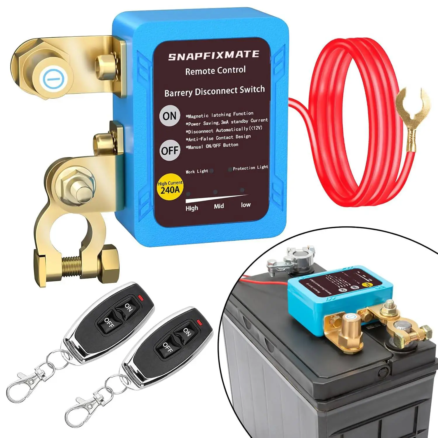 SNAPFIXMATE Remote Battery Disconnect Switch 12v, 240A, Upgrade Smart Voltage Car Kill Switch Anti-Theft, Prevent Battery Drain, Remote Battery Kill S