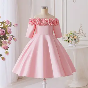 7-12Y Peach Pink 808 Kids Clothes Flower Girls Princess Long 3D Floral Ball Gown Frock Children Formal Evening Party Banquet Pageant Prom Host Cocktail Dress
