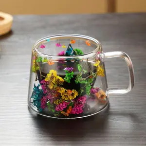 200ml Flower Design Glass Coffee Cup, 1 Count Double Wall Clear Glass Cup with Handle, Heat Resistant, Milk Cup, Juice Cup, Drinkware for Home and Office, Stylish Glass Cups, Holiday Gift