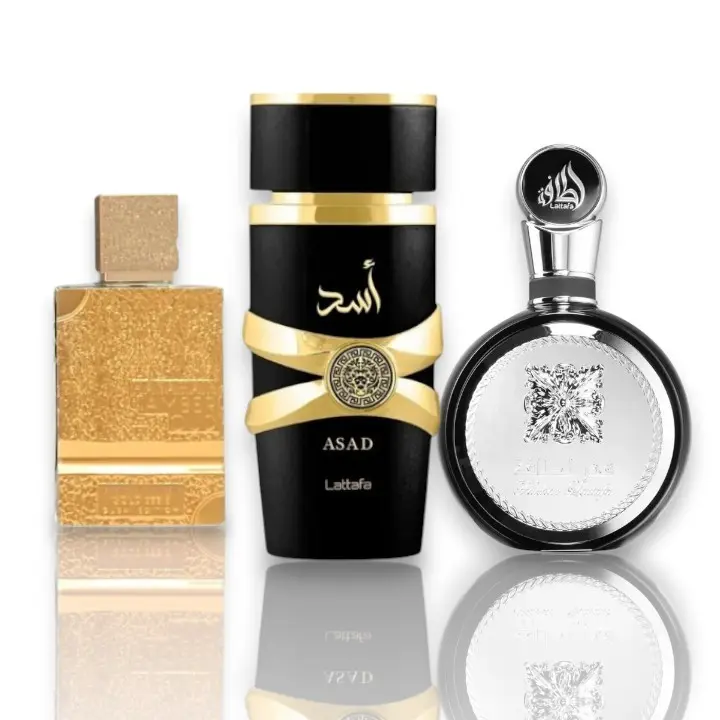 Lattafa 3-Piece Multi-Pack Luxurious Scent Premium Fragrance Set - Asad, Amber Oud Gold, Fakhaar Man Fresh Alcohol-Base Perfumes (100 ML Each)