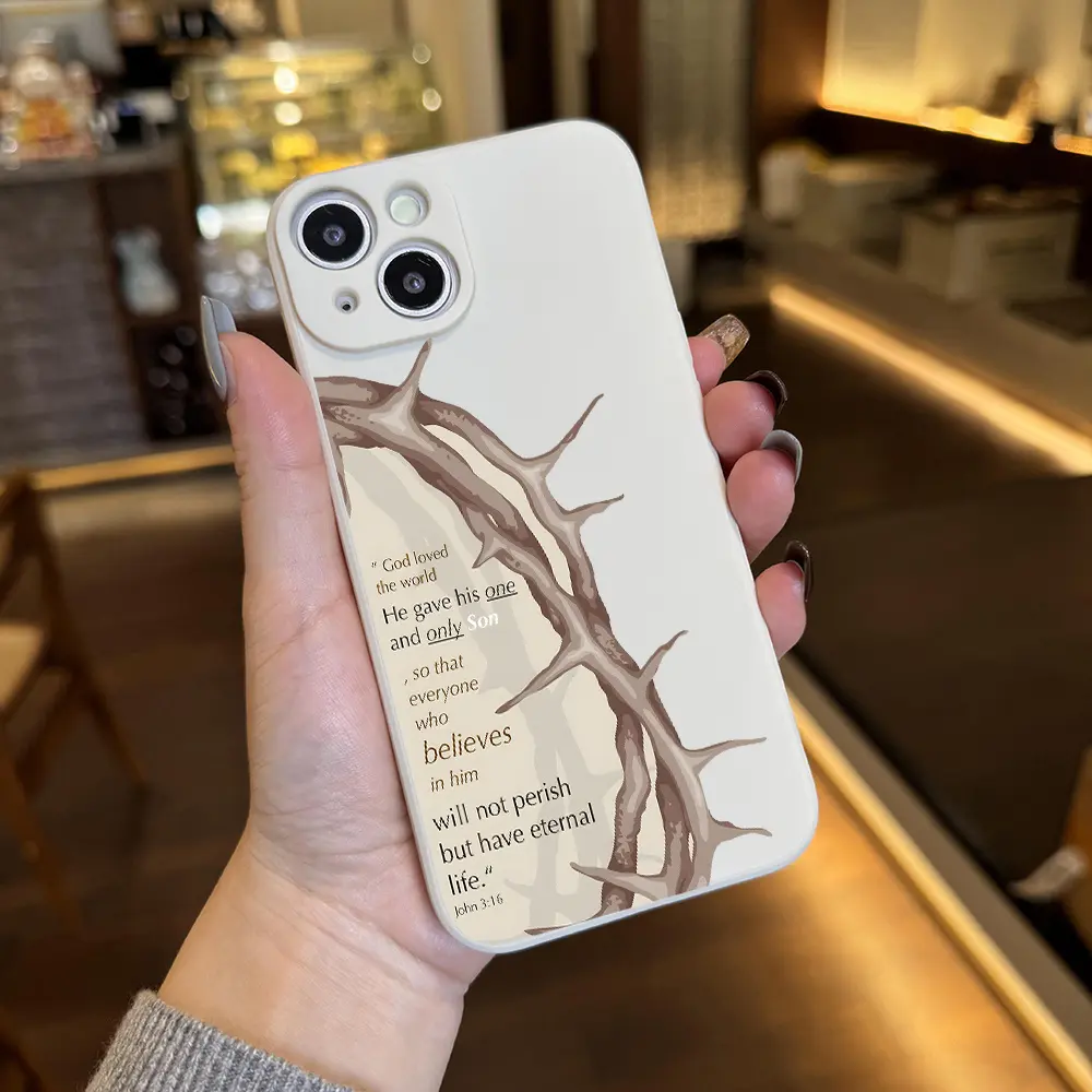 This Christian-themed crown of thorns case features a drop-proof and non-slip TPU full-coverage lens protector for iPhone 17, 16, 15, 14, 13, 12, 11, XS, X, and Samsung models. It makes a great gift for friends or family.