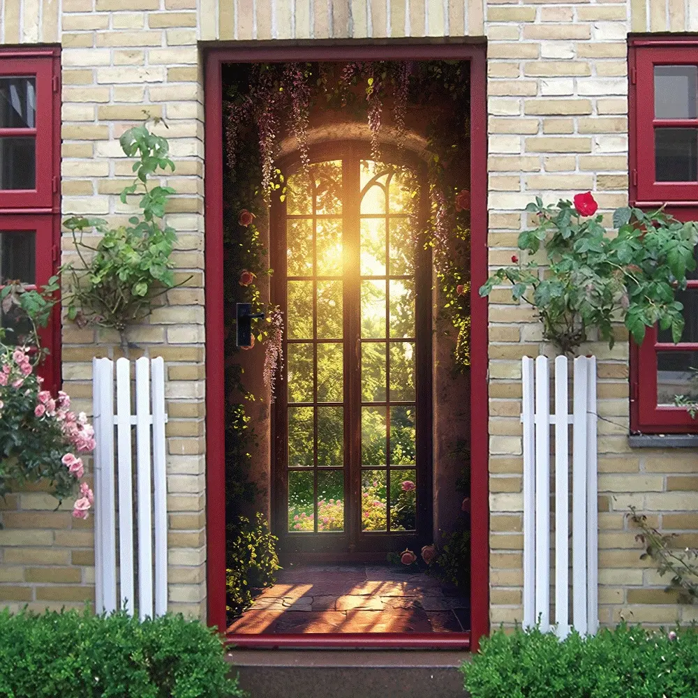 2pcs Vintage European Arch Window Wall Sticker Sunlight Through Vine Flower Glass Window Decorative Sticker Self Adhesive Wall Decal for Living Room Bedroom Fake Window Effect Wall Art Decor