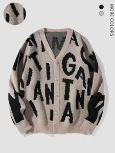 Letter Embroidered V-Neck Knit Cardigan, Light Soft Texture, Loose Fit for Various Styles, Daily Wear & Commute, Unisex