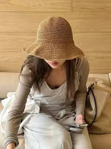 Women's Soft Straw Woven Sun Hat, Foldable & Packable Wide Brimmed Summer Beach Hat, Crochet Bucket Hat, Fashionable Sun Protection & Comfort