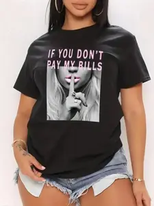 Women's Graphic Round Neck Tee, Summer Clothes Women, Fitted Casual Breathable Comfy Short Sleeve Top Daily Wear, Streetwear, Cotton Graphic Tees, Women's Tops shirts  women