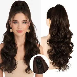 Ponytail Extension, 24 Inch Claw Clip in Long Curly Wavy Black Brown Ponytail Hair Extension Jaw Clip on Pony Tails Hairpiece for Women