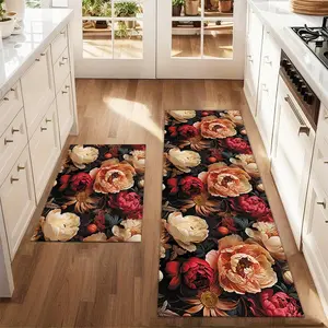 2Pcs Red and pink flowers Floor mat set including farmhouse kitchen Rug dining room flooring laundry room decorative carpet mat Flower Pattern Rugs