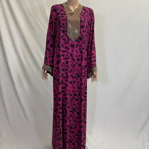 Hot Pink and Black Spotted Rhinestones Maxi Dress with Gold Bead Embellishment Long Sleeve
