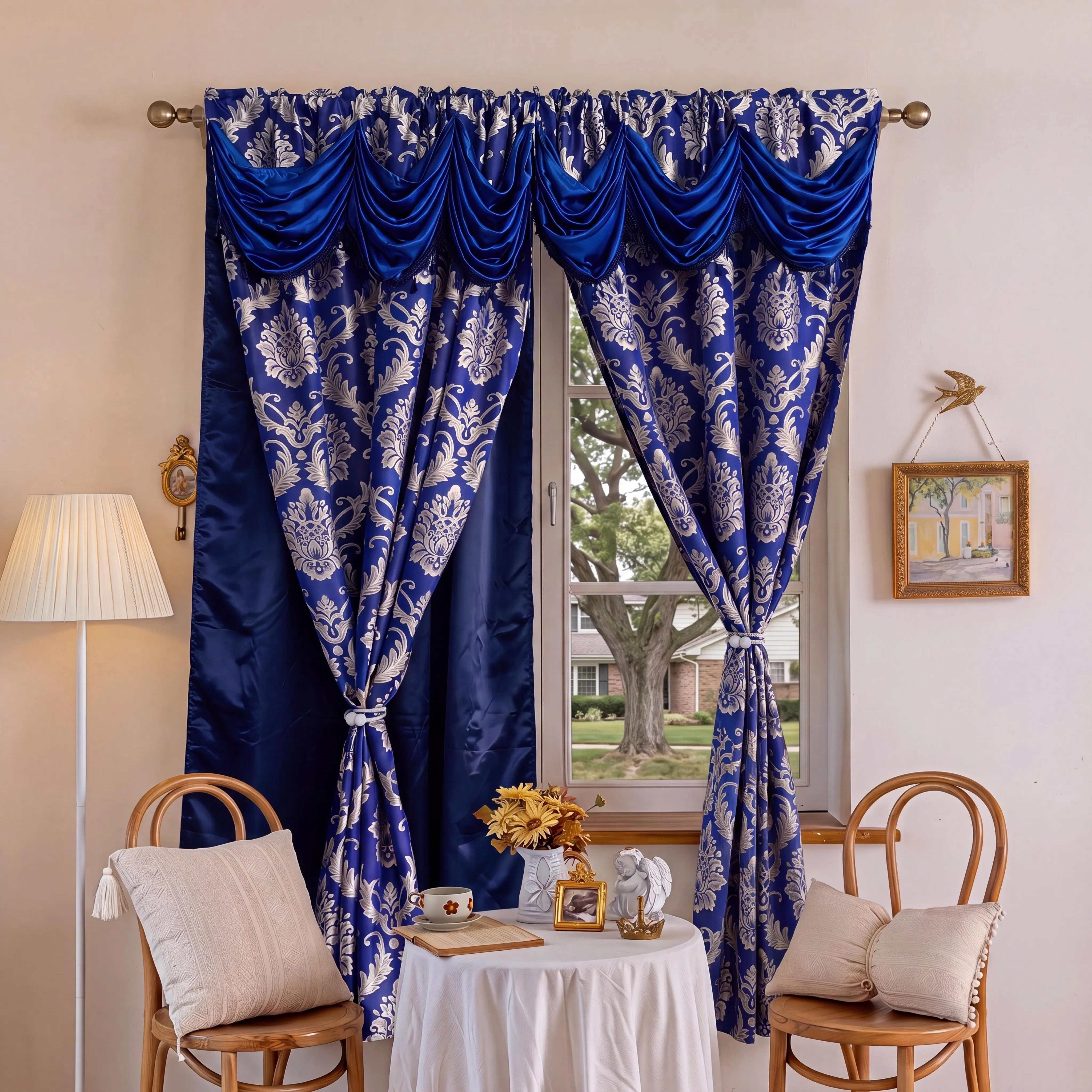 2-Panel 52"x63" Double Layer Jacquard Rod Pocket Blackout Window Curtains with Waterfall Valance, Wrinkle-Resistant, Anti-Shrink Premium Home Decor, Bedroom Household Textile Accessory, JV1