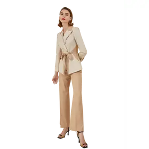 Beige Monochromic Front Tie Wide Leg Pantsuit