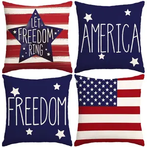 4PCS Patriotic red, white and blue summer outdoor decorative pillow covers, American Independence Day flag linen cushion covers for July 4th, suitable for sofa soft furnishing decoration