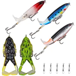 5PCS Topwater Soft Plastic Frog Lure Set, Plopping Propeller Tail Frog Bait with 3D Eyes Lifelike Pattern for Bass Snakehead Musky Pike Walleye Fishing baits and lures