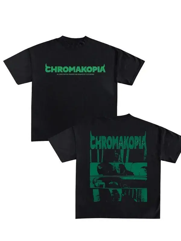 Chromakopia Creative Typography Graphic Tee, Comfortable Casual Short-Sleeve, Cotton Double-Sided Printed T-Shirt Vintage Streetwear