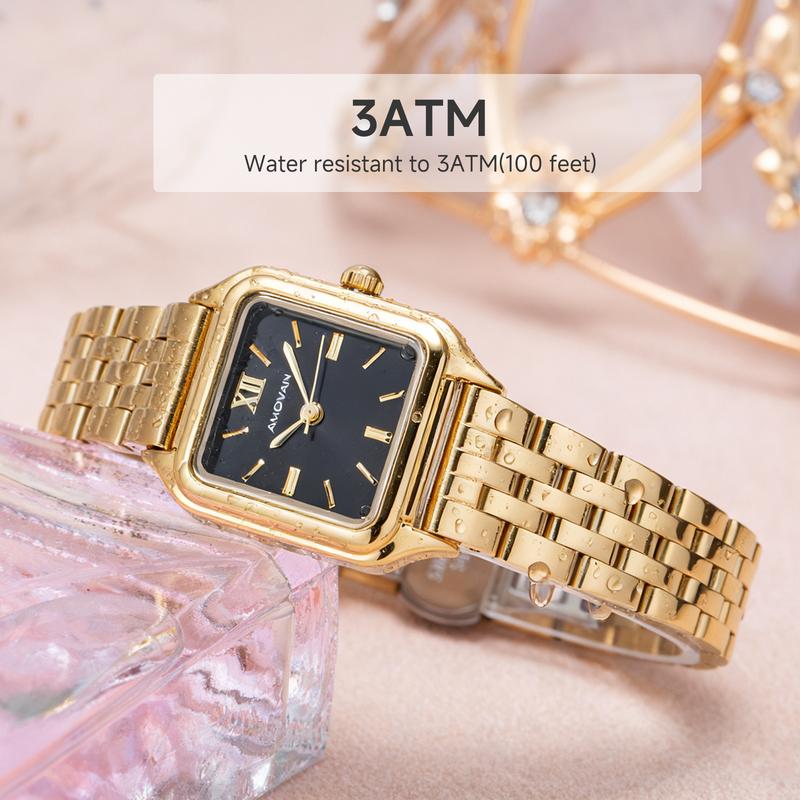 AMOVAN Gold Stainless Steel Bracelet Watch with Black Dial and Roman Numerals