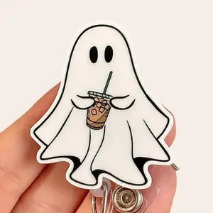 Glitter My Badge Halloween ghost with ice coffee badge reel for nurse and hospital workers. Badge clip Badge pull - Retractable swivel clip with a 360 rotation. Great gift for coworker.