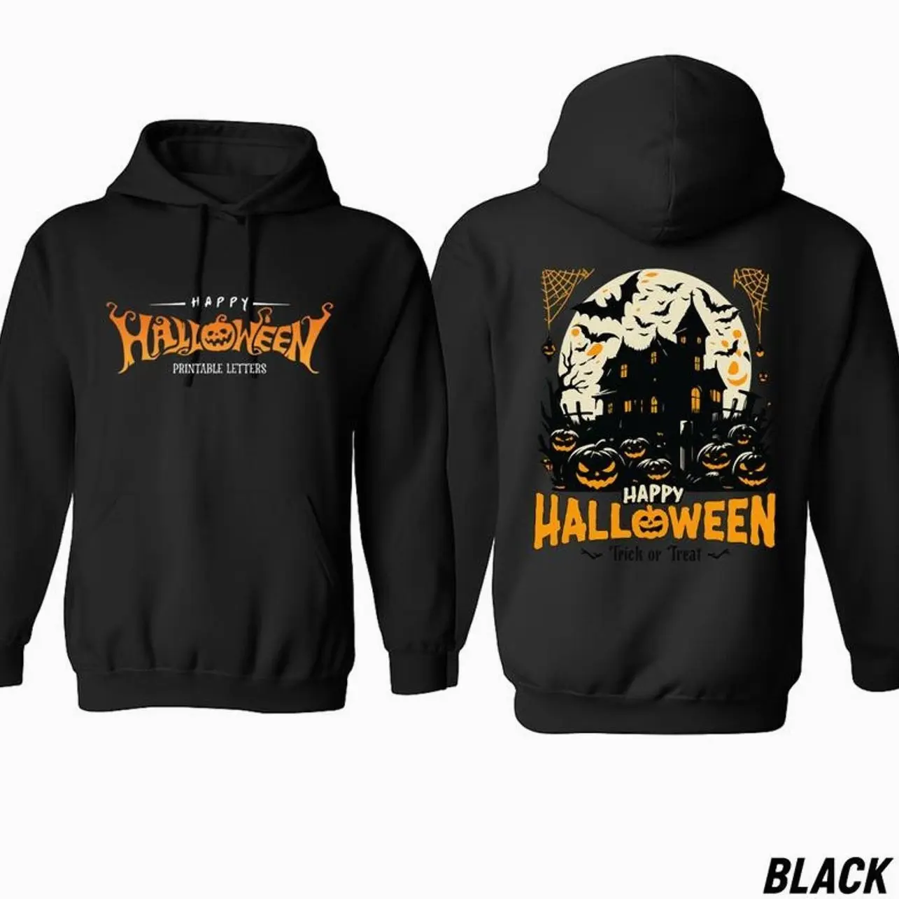 Happy Halloween Hoodie, Haunted Mansion & Pumpkin Graphic Hoodie, Trendy Halloween Graphic Hoodie, Casual Outfit, Comfortable Menswear & Womenswear Top, Gifts For Halloween, Sep23