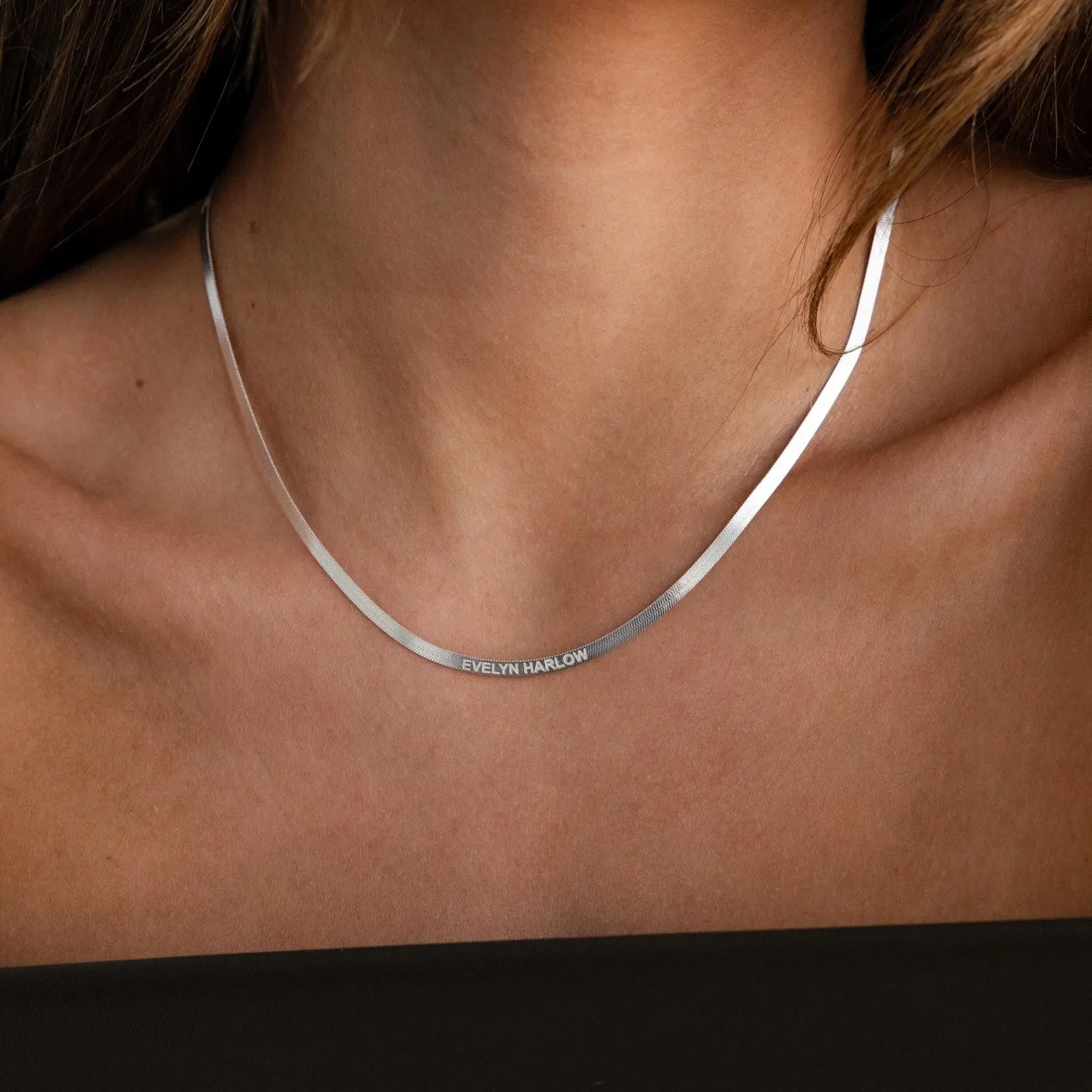 AS263 Personalized Custom Engraved Name Necklace Stainless Steel Flat Snake Bone Chain Blade Chain Necklace Custom Gift for Men and Women