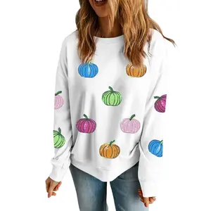 Women’s White Colorful Sequined Pumpkin Patch Pattern Drop Shoulder 2025 Fall Sweatshirt