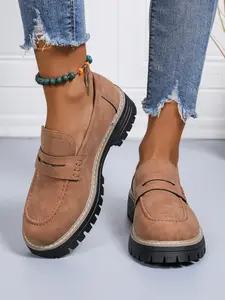 Women's Fashion Thick Sole PU Leather Loafers, Buckle Design, Slip-On Comfortable Walking Shoes for Spring & Fall, Casual Retro Style