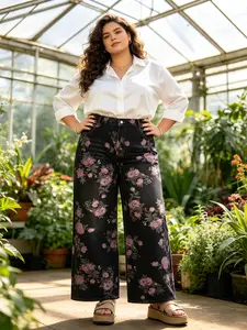 Black Floral Denim Jeans for Women High Waisted Wide Leg Pants Elastic Back Waist Vintage Pink Rose Print Loose Fit Straight Leg Trousers Y2K Grunge Streetwear Casual Outfits for Daily Commute Date Vacation Music Festival Photo Shoot