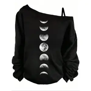 Women's Dark Gothic Vintage Long-Sleeve Lightweight Loose Baggy Top - Moon Phase Graphic Casual Hoodie, All-Season Sports Outerwear for Everyday Wear