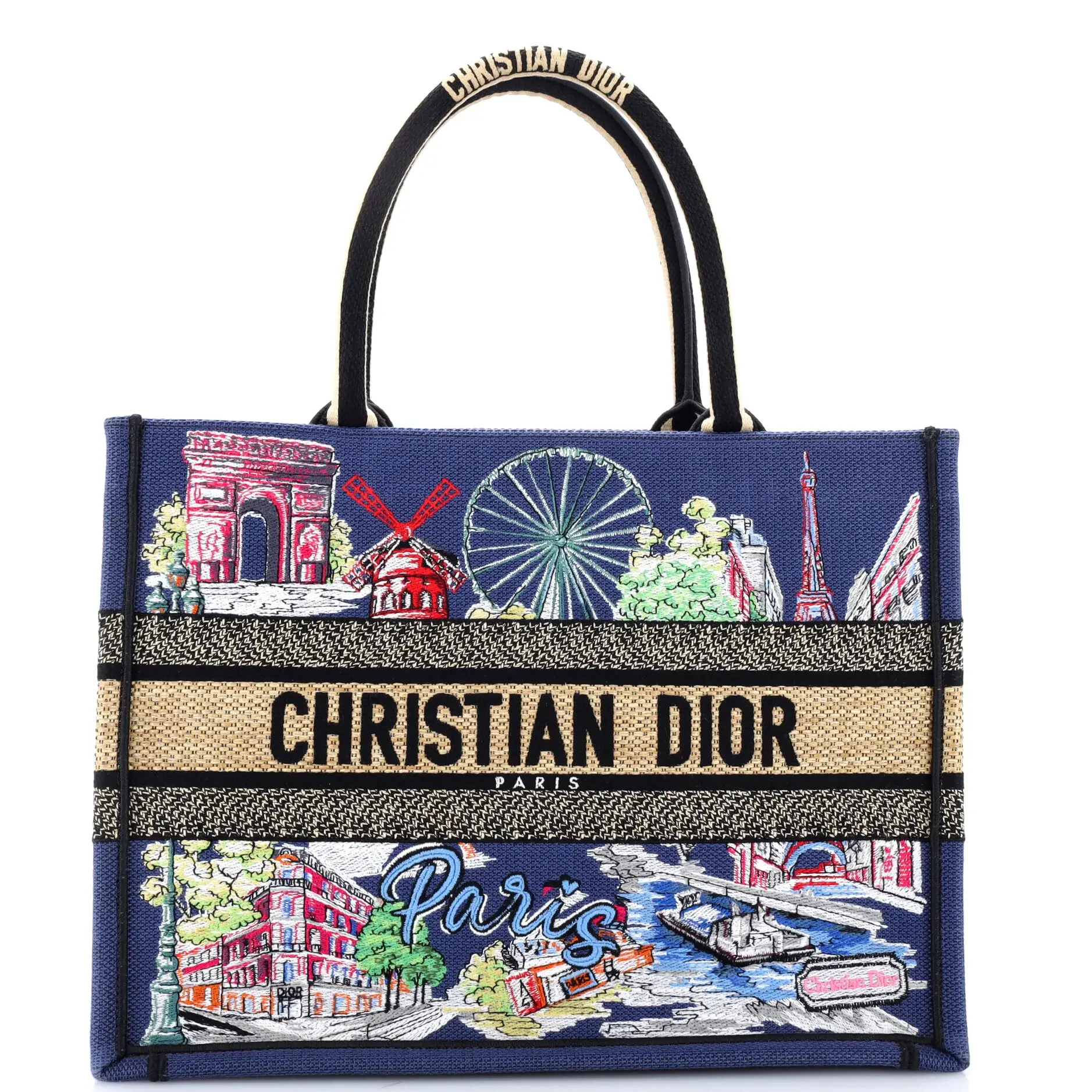 Pre-owned Dior Raffia, Canvas Plain Tote Bags REBAG Christian Book Tote Embroidered Raffia Medium by Rebag