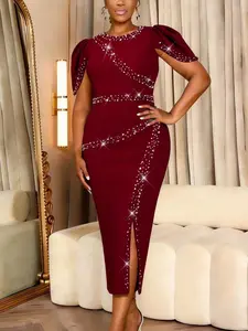 Women Elegant Beading Dress O Neck Irregular Short Sleeve Package Hip Split Slim African Female Formal Wear Party Wedding Guest Party Gowns