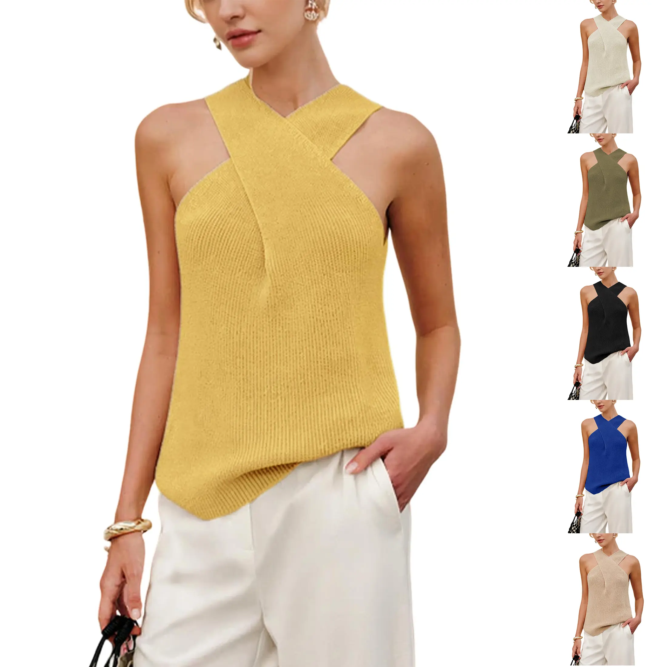 Mundoven Women Halter Cross Over Collar Tank Knit Sleeveless Top Solid Color Casual Summer Blouse