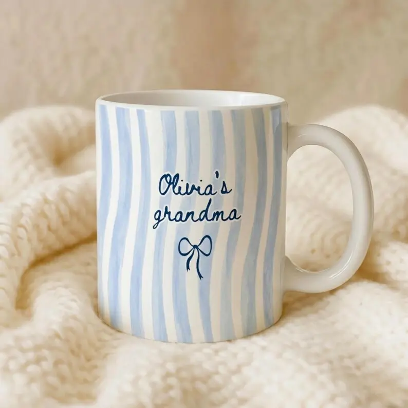 Personalized Grandma Mug, Custom Name Nana Cup, Coquette Striped Mug, Aesthetic Coffee Mug, Mother’s Day Gift for Grandma, Gift for Her