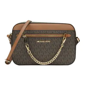 Michael Kors MK Jet Set Monogram Camera Bag with Chain Strap for Women in Caramel and Acorn Brown