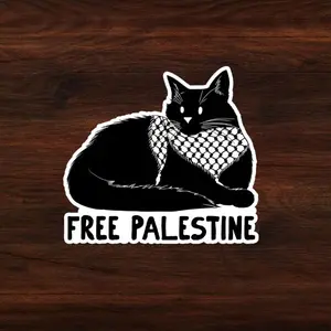 Black Cat Keffiyeh Palestine Sticker,  Cute Waterproof Vinyl Decal for Laptop, Journal, Water Bottle, Skateboard, Phone Case, Aesthetic Cat Sticker, Minimalist Travel Gift Idea