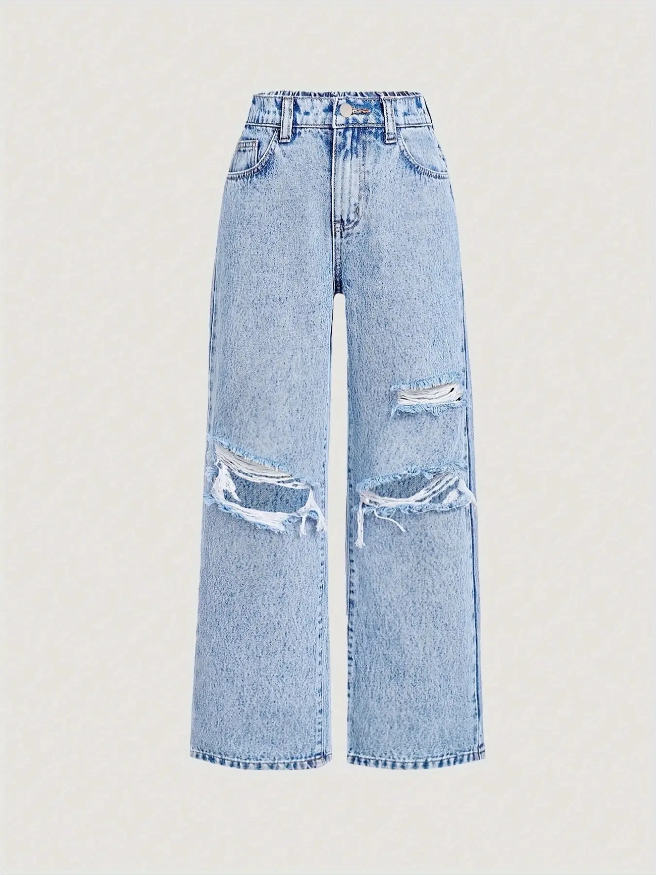 Teen Girls Loose Fit Ripped Wide Leg Jeans, Comfortable Denim Jeans for All Seasons, Casual Style, Moderate Fabric Thickness, Distressed Jeans, Ripped Pocket Jeans, Loose Legged Pants, Loose Jeans Trousers