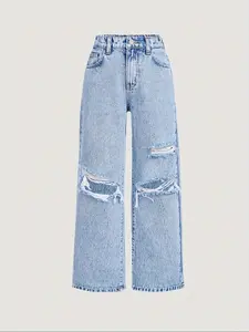 Teen Girls Loose Fit Ripped Wide Leg Jeans, Comfortable Denim Jeans for All Seasons, Casual Style, Moderate Fabric Thickness, Distressed Jeans