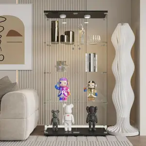 4-Tier Glass Display Cabinet with Lockable Wheels Visual Curio Cabinet with Lock Floor Standing Glass Display Case for Home Office, Black 65" Hx30.91Wx13.58 D