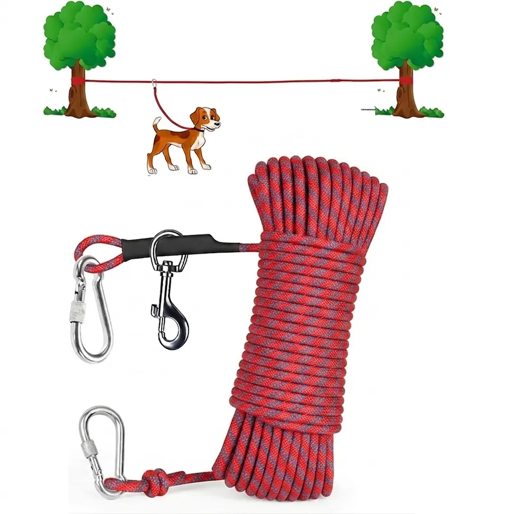 50ft Nylon Plastic Dog Tie Out Cable - Quick Setup Portable Trolley System with Steel-Buckle Hold, Outdoor Runner Leash for 2 Dogs (Up to 250lbs Total) for Backyards, Camping, Hiking, Beaches Training