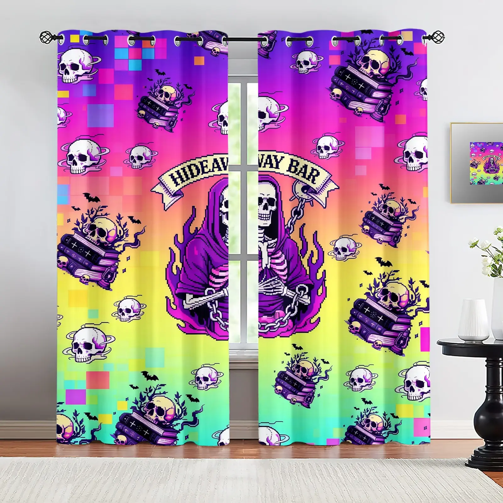 Retro Pixel Punk Skull 2 Panels Curtains,Hideaway Bar Grim Reaper Printed Curtains,80%-90% Light Blocking Darkening Curtains,Room Darkening Decoration Curtains for Teen Dorm,Bedroom,Bar & Goth Home Decor,Great Gift for Goth Teens & Skull Art Fans
